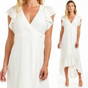 Drew Maggie Wrap Ruffle Hi/Low Midi Dress White & Metallic Gold SZ S